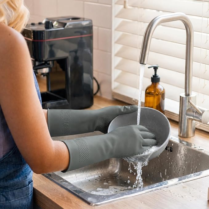 Rubber Cleaning Gloves, Waterproof Non-Slip Long Cuff Dishwashing Household Kitchen Gloves, Gray+Green, Medium, 3 Pairs