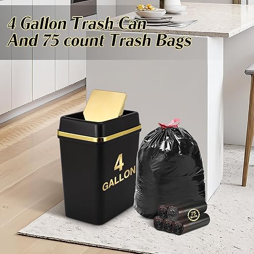 Bathroom Trash Can with Lid 4 Gallon Trash Can with Swing Lid Small Garbage Can Black Bathroom Trash Can with 300 Counts Trash Bags for Kitchen Bedroom Office Dorm