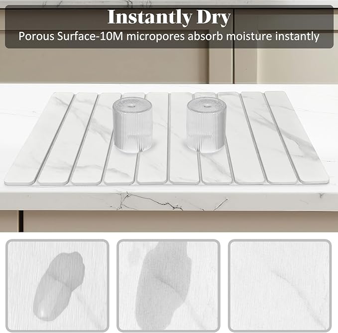 Large Stone Dish Drying Mats for Kitchen Counter, 24"(L)×16"(W) Marble-Pattern Dish Drying Mat, Eco-Friendly Absorbent Diatomaceous Earth Mats for Dishes Bottles, Match Any Countertop