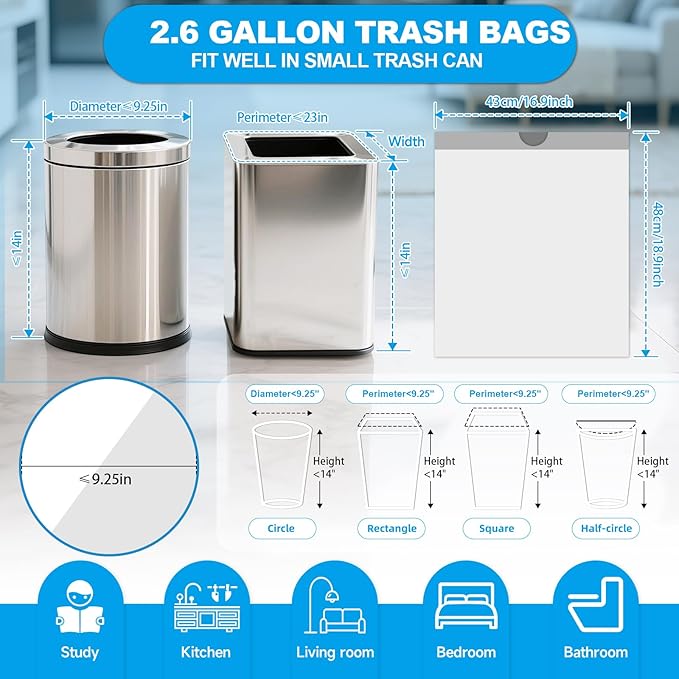 Small Trash Bags 2.6 Gallon Drawstring- 180 Counts 2.6 Gallon Trash Bag Extra Strong, Small Garbage Bags Unscented, Stretchy, Quick Cinch for Bathroom Kitchen, White