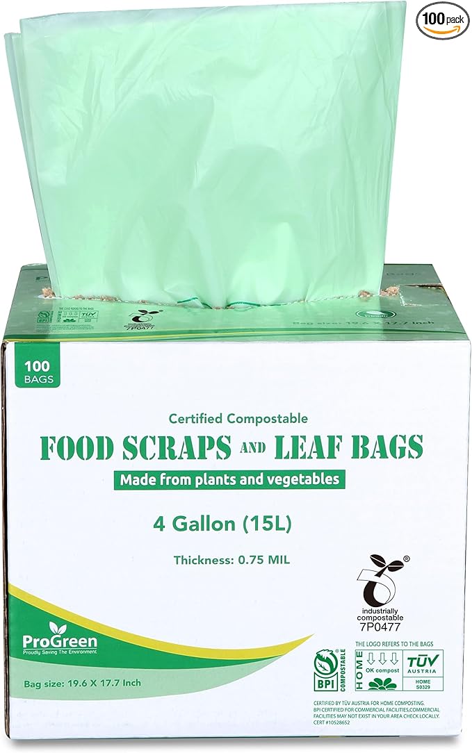 Compostable Trash Bags, Extra Thick, Compost Kitchen Bin Bags, Food Scraps Yard Waste Bags, ASTM D6400 BPI and TÜV AUSTRIA Certified (4 Gallon, Pack of 100)