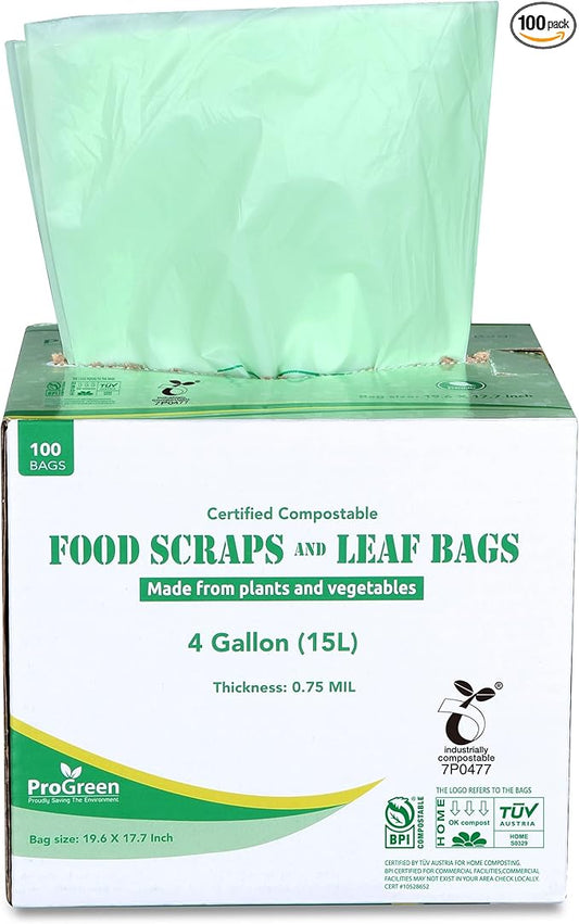 Compostable Trash Bags, Extra Thick, Compost Kitchen Bin Bags, Food Scraps Yard Waste Bags, ASTM D6400 BPI and TÜV AUSTRIA Certified (4 Gallon, Pack of 100)