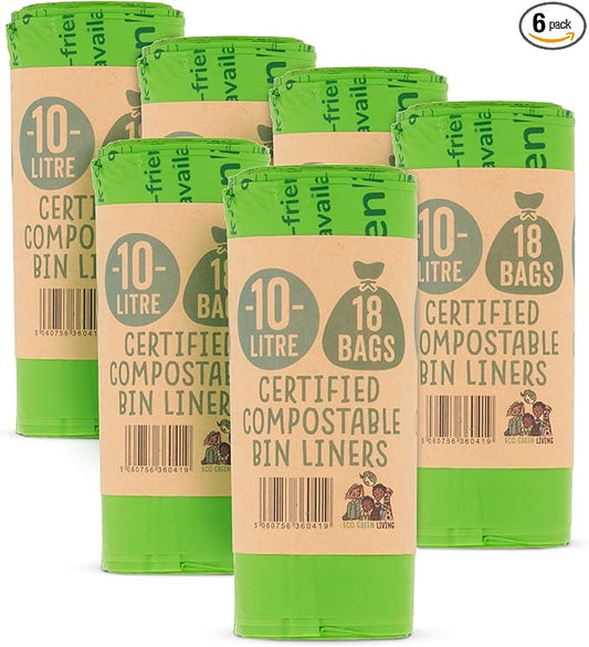 Eco Green Living 100% Compostable Caddy Liners, Biodegradable Food Waste Bags. Plastic & BPA-Free 10L Bin Liners, Vegan, Recyclable, Leakproof Kitchen Waste Bags, 6 Pack,108 Bags
