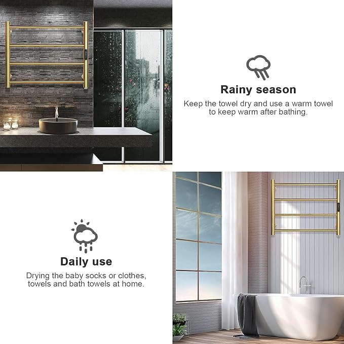 Heated Towel Rack Gold, 4 Bars Towel Warmer Rack for Bathroom Wall Mounted, Timer & Temperature Control Electric Towel Drying Rack (4 Bars Brushed Gold D, Hardwired)