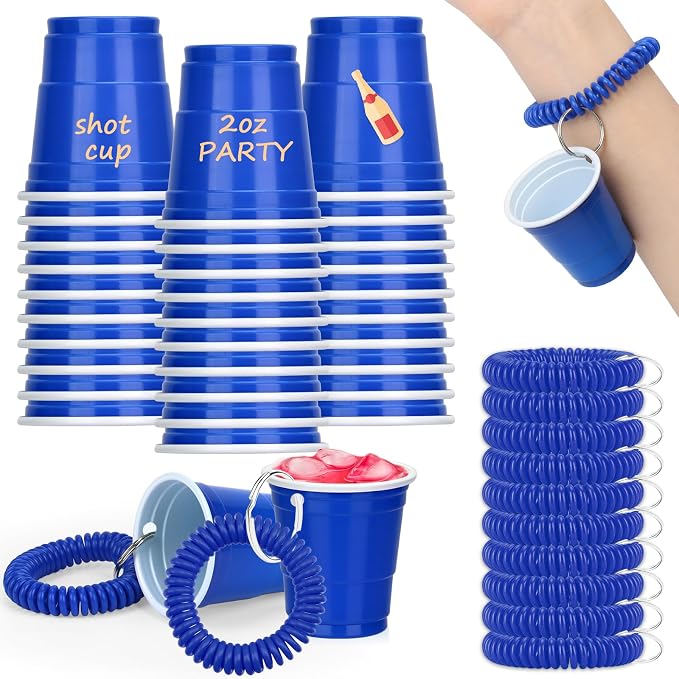 30 Pcs Blue Shot Cups with Wristband for Party 2oz Plastic Shot Glasses Bulk Disposable Mini Shot Glasses with Bracelet Wear on Solo Cups for Party Wedding Beer Taste Serving Graduation Birthday