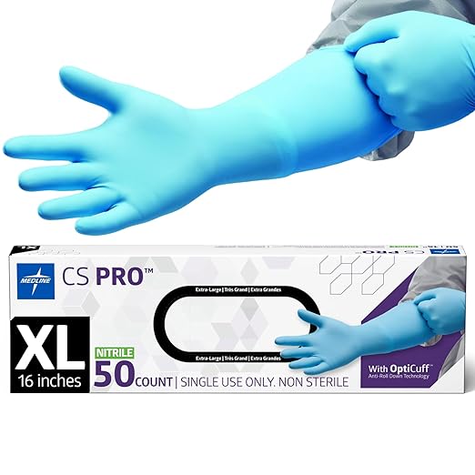 Medline CS Pro 16” Cuff Nitrile Exam Gloves, 50 Count, X-Large, Powder Free, Disposable, Not Made with Natural Rubber Latex, Longer Cuff, Thicker Glove for Extra Protection