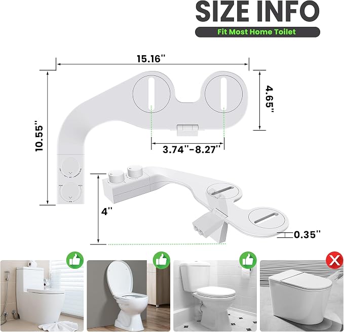 Toilet Bidet With Left/Right Side Reversible Design, Fresh Water, Non-Electric, Toilet Bidet Attachment, Right/Left Hand Side with Dual Nozzle, Self-Clean, Includes Extended Screws (White)
