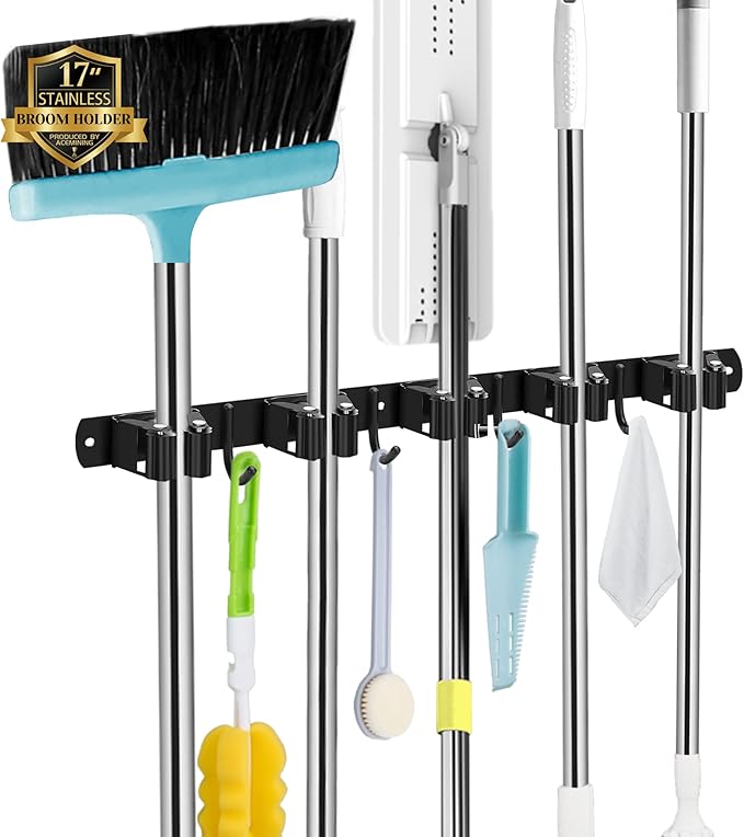 AceMining Plastic and Rubber Broom and Mop Storage Rack, Black, 5 Racks and 4 Hooks, Holds Up to 30 lbs