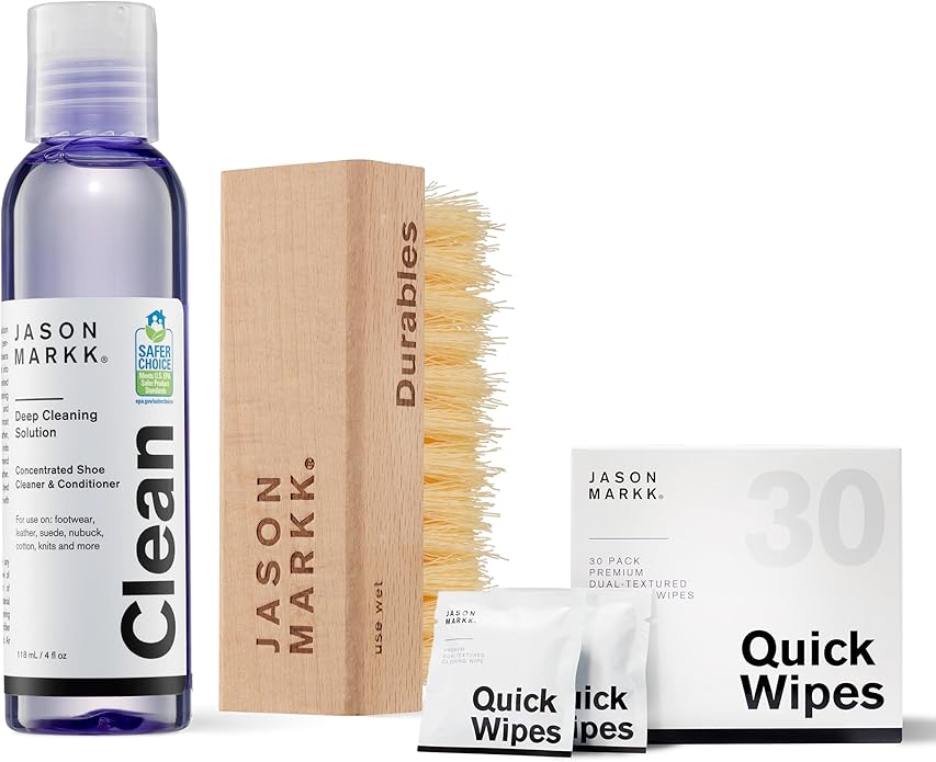 Jason Markk Essential Kit & Quick Wipes Bundle, 2-Piece Shoe Cleaner Set with 30-Pack of Wipes, Deep Cleaning for Durables & Suede Brush, Footwear & Sneaker Care, Full Grain Leather, Rubber, & More