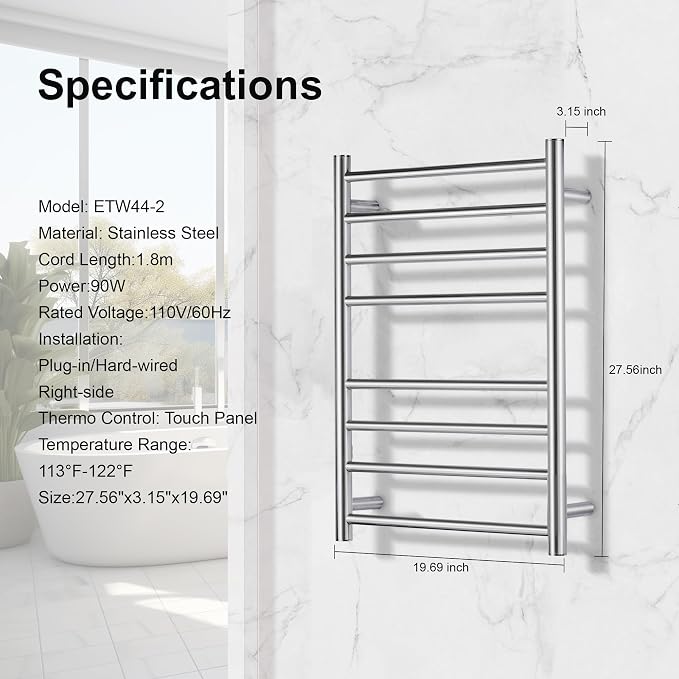 Towel Warmer Polished Chrome for Bathroom Wall Mounted Drying Rack Plug-in Electric Heated Towel Rack Stainless Steel Round 8 Bars Bath Towel Heater with Single Press