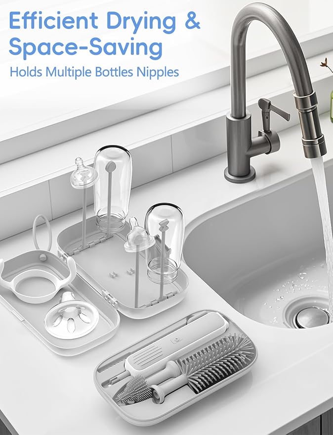 Electric Baby Bottle Brush Cleaner for Travel – BPA-Free Silicone, One-Button 360° Deep Cleaning, 2000mAh Rechargeable, Portable Bottle Cleaning Kit with Storage Box for Home & On-The-Go (Grey)