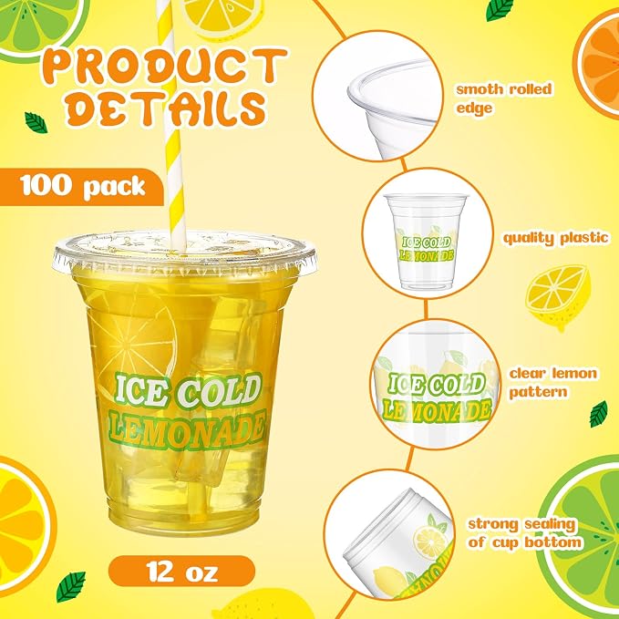 Umigy 100 Pack Plastic Disposable Cups with Lids and Straws 12 oz Disposable Cups for Juice Water Coffee Summer Party Sports Party Supplies (Ice Cold)