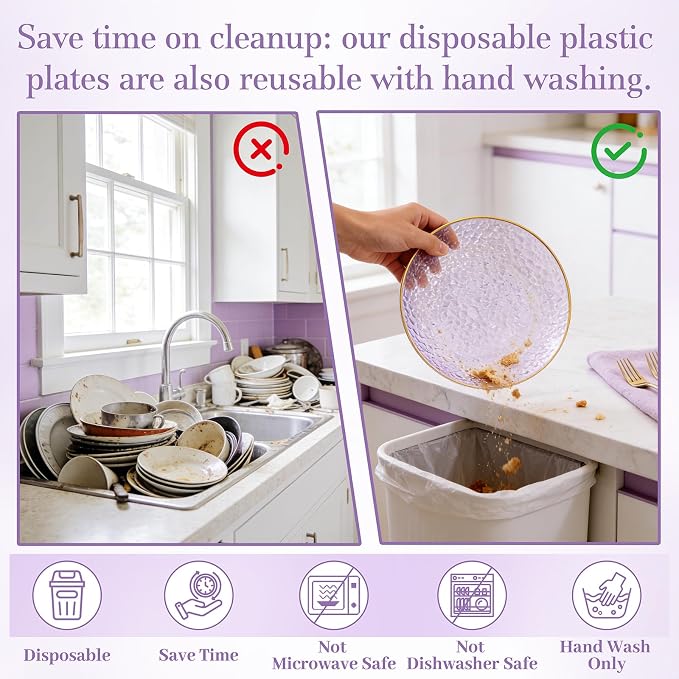 DaYammi 240Pcs Purple Plastic Plates Including 120Pcs Purple Dessert Plates and 120Pcs Gold Cake Forks,Hammered Appetizer plates Heavy duty Disposable Plastic Plate for Party Wedding Birthday