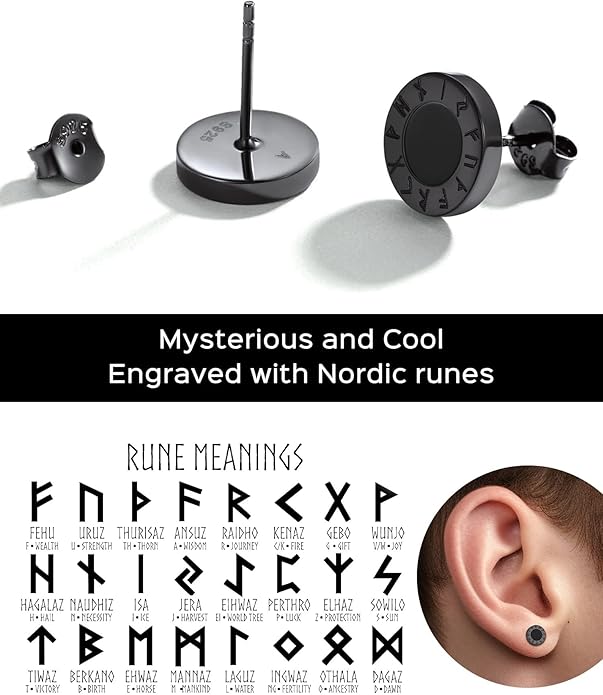 ChicSilver 925 Sterling Silver Viking Rune Natural Black Onyx Stud Earrings For Women Men