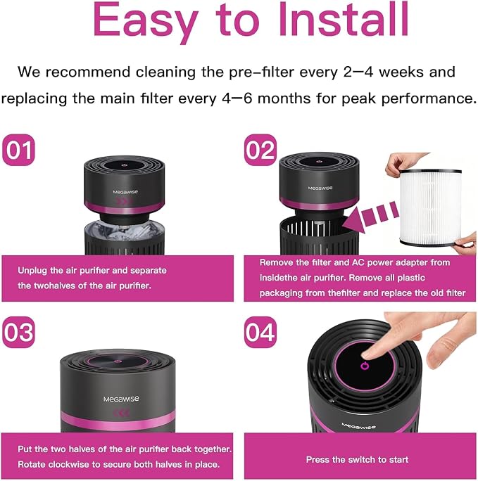 MEGAWISE HEPA Air Purifier for Home & Office, Compact Design with 1 Replacement Filter, Quiet Operation, Suitable for Daily Air Refreshing (Grey)
