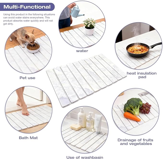 RAIN SPIRIT Large Stone Dish Drying Mat for Kitchen Counter, Diatomaceous Earth Quick Dry Stone Drying , Collapsible Dish Mat Dish Pads for Drying 24"×16" （Marble pattern）
