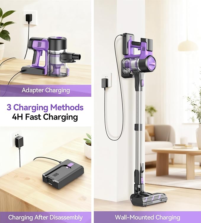 S10 Cordless Vacuum Cleaner, 55Kpa 60mins Lightweight Stick Vacuum with Powerful Suction for Home, Rechargeable, Self-Standing, Handheld Vacuum Cleaners for Hardwood Floors, Carpets, Violet