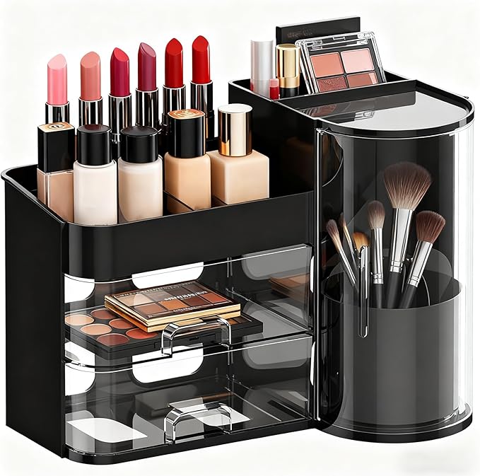 Makeup Storage Box Mesh, Makeup Organizer For Vanity, Cosmetic Display Cases With Transparent Cover, Drawers, Dustproof, Portable Handle, For Vanity, Dresser, Countertop (Blak)