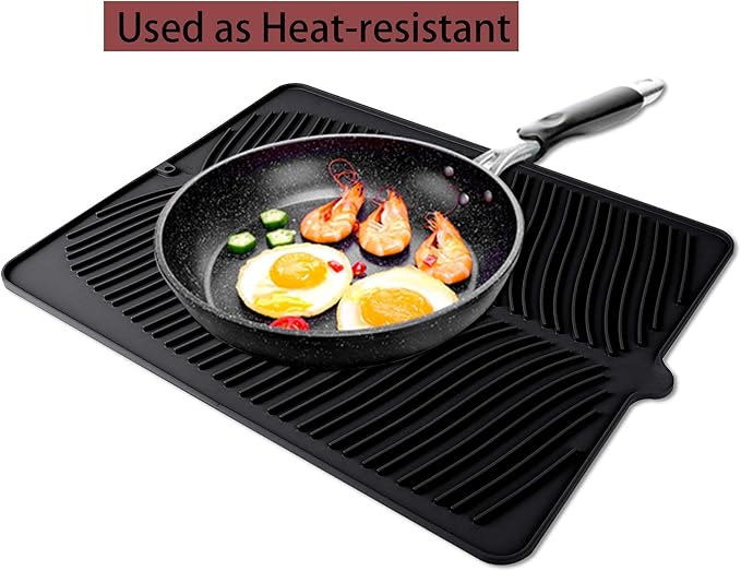 100% Waterproof BPA Free Silicone Dish Drying Mat - 24" x 18" x 0.3" Large Drainer Mat Protection Heat Resistant Trivet Counter Top Mat Sink Non Slip Dish Draining Mat Dish Washer (S, Black)