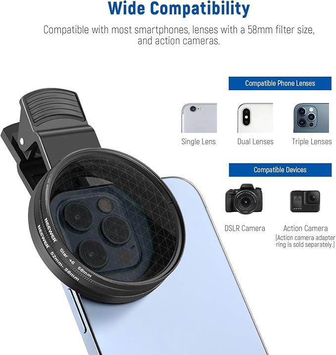 NEEWER 58mm Lens Filter Kit with Clip, CPL + ND32 + Starlight + 4 Graduated Colors, Compatible with iPhone 17 16 16e 15 14 Pro Max Canon Nikon Sony Camera