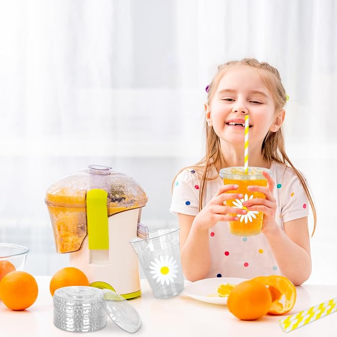 Whaline 50Pcs Daisy Cute Disposable Plastic Cups with Lids and Straws 12Oz Cold Beverage Drinking Cups for Wedding Birthday Baby Shower Favor Supplies