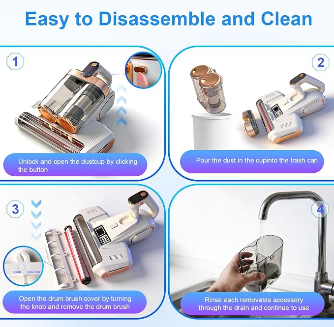 Cordless Mattress Vacuum Cleaner with UV-C Light - Advanced Dust Removal & Deep Cleaning Technology for Beds, Sofas, Carpets, Pet Hair and Household Dust, Handheld sofa Vacuum Cleaner for Home Use