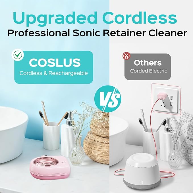 COSLUS C50 Sonic Retainer Cleaner Machine: Cordless Professional Dental Cleaning Pod for Retainer, Aligner, Night Guard Deep Cleaning - Rechargeable Mini Travel Design, Quiet for Home Use with Timer