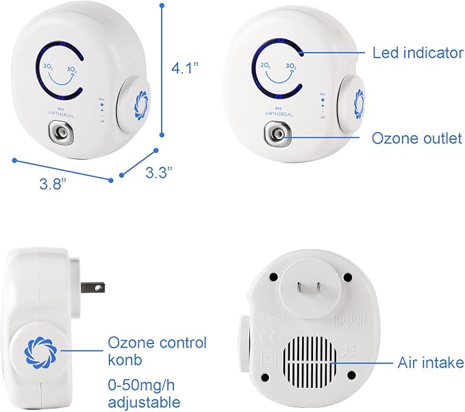 Airthereal B50 Mini Ozone Generator Air Purifier- Removes Odors and Sterilizes Air in Small Spaces Up To 320 Sq Ft - Plug in Mini Air Ionizer, Adjustable Ozone Output of 10-50 mg/h, 2-Pack