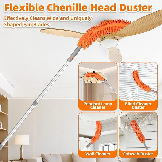 Ceiling Fan Cleaner Duster with 6 Ft/77'' Extension Pole Multi-Functional Chenille Duster Cleaner Kit for Cleaning Fan Blade, Baseboard, Blind, Cobweb, High Ceiling Walls - Reusable & Machine Washable