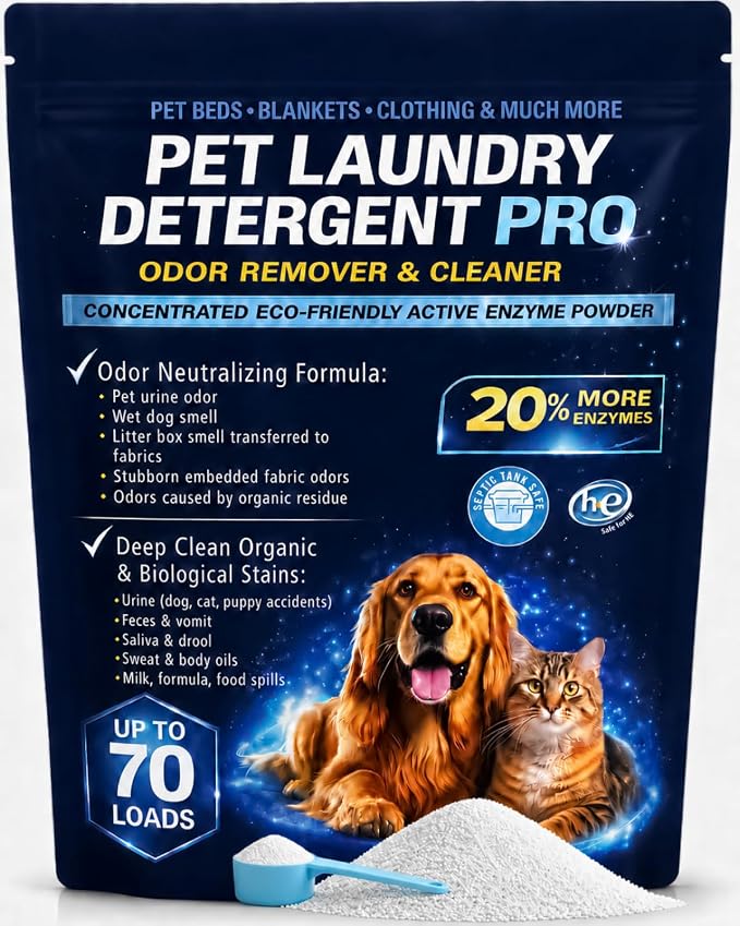 Pet Laundry Detergent Pro Enzyme Odor Remover - Deep Clean of Stubborn Stains - Urine (Dog, Cat, Puppy Accidents), Feces & Vomit, Saliva & Drool, Sweat & Body Oils, Food Spills - HE Support - 70 Loads