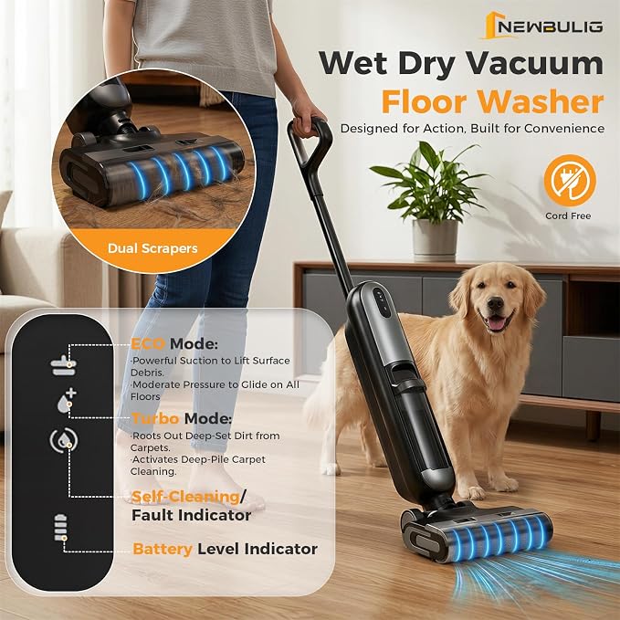 NEWBULIG Cordless Wet Dry Vacuum Cleaner, All in One Vacuum Mop for Hard Floor, Vac Mops with Auto Self-Cleaning, Dual Water Tank, Anti-Tangle Design, Dual-Sided Edge Cleaning, 35 Mins Rumtime