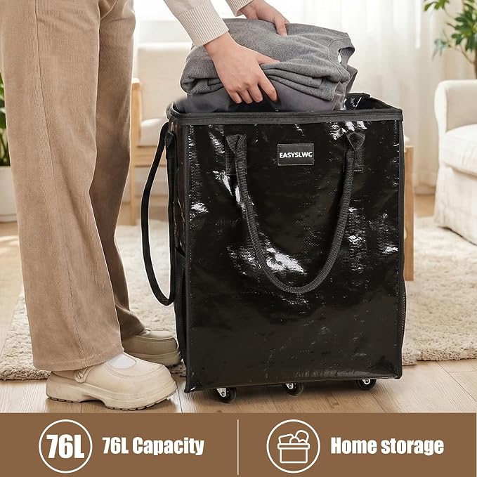 Large Reusable Hauler Rolling Tote Bag, Collapsible Portable 99L Shopping Bag Cart Tote Bag with Wheels for Groceries, Organization Bag, Heavy Duty Utility Bag with Wheels, Travel, Moving