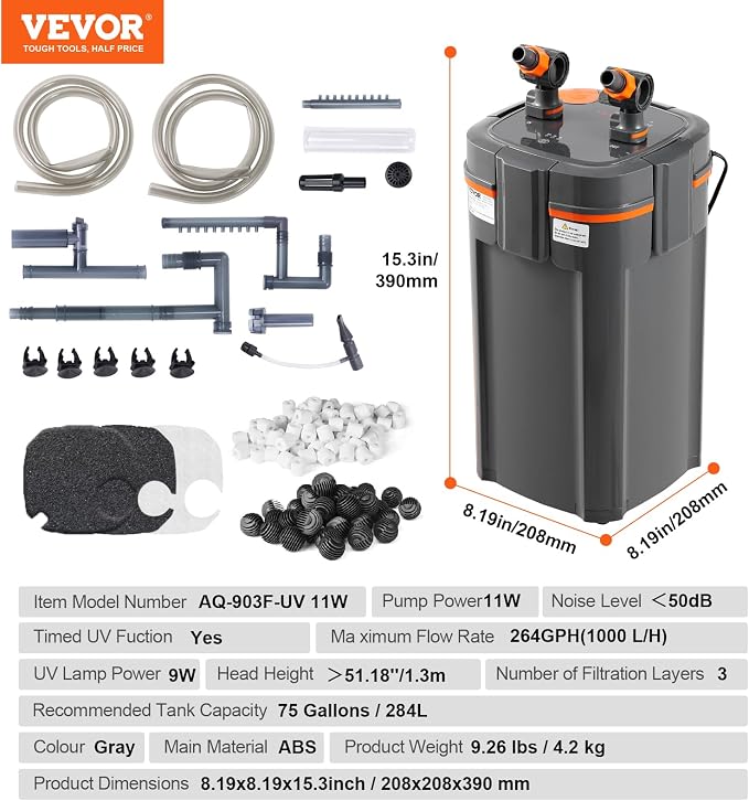 VEVOR Aquarium Filter 238GPH, 3-Stage Canister Filter 55-75 Gallon, Ultra-Quiet Internal Aquarium Filter with UV Protection, Submersible Power Filter with Multiple Function for Fish Tanks, 11W