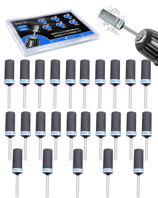 240 Grit Sanding Drums for Dremel Rotary Tools Accessories, 25PCS Sanding Bits Kit for Dremel Sanding Bands with 1/8 inch Shank, Sandpaper Sticks Set for Plastic Wood Metal Grinding Polishing