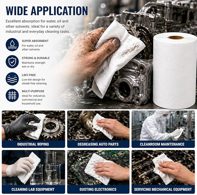 4 Rolls Industrial Cleaning Wipes Jumbo Roll, Heavy Duty Lint Free Shop Towels, Super Absorbent Reusable Cleaning Cloths for Garage Workshop Automotive, 500 Sheets 10 x 12 Inch (White, 10"X12")