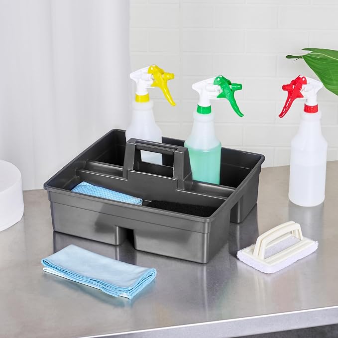 Restaurantware-RW Clean 15.2 x 13.2 x 6.7 Inch Cleaning Caddy, 1 Triple Compartment Cleaning Supply Caddy - With Handle, Crack-Resistant, Black Plastic Cleaning Basket, For Cleaning Supplies,