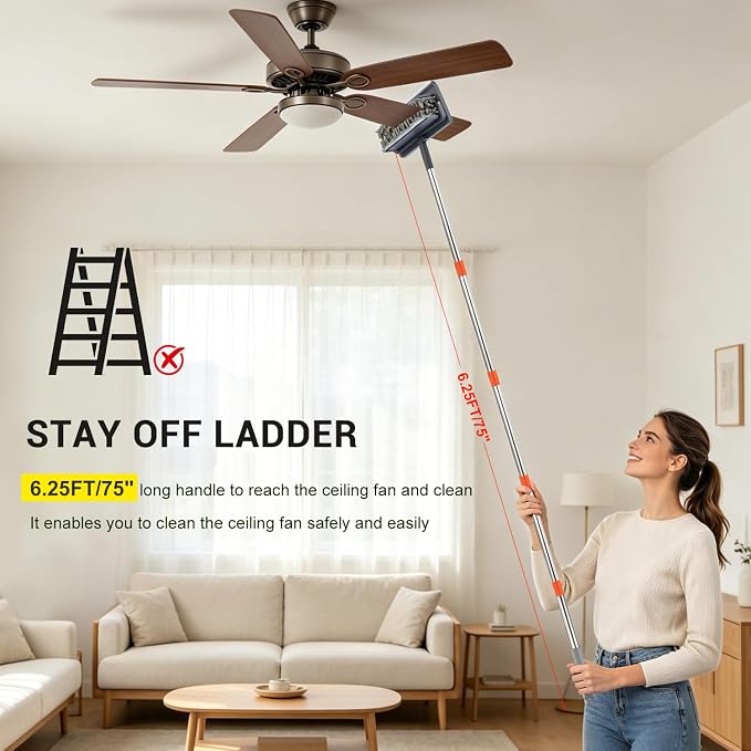 360° Ceiling Fan Blade Cleaner with 76“ Long Handle, 4-in-1 | Reusable Fan Duster for Ceiling Fan Blades, Multi-Functional Chenille Duster Cleaner Kit for Baseboard, Wall, Floor, Window