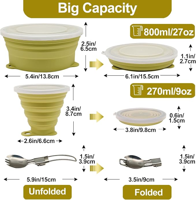 Mess Kit for Camping Silicone Collapsible Bowl Collapsible Cup and Stainless Steel Spoon for Backpacking Outdoor Hiking Traveling and Picnic - 2 Pack