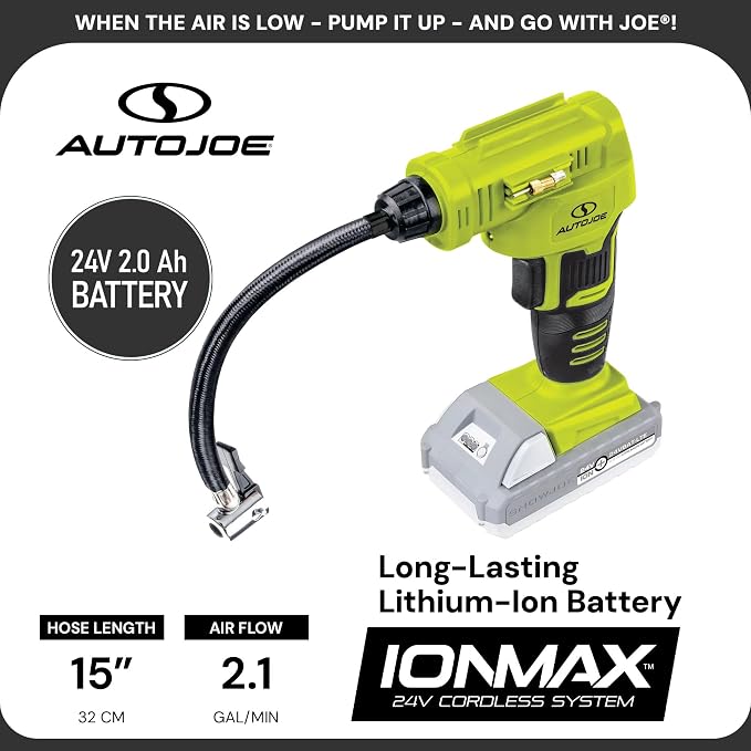 Sun Joe Cordless Tire Air Inflator and Compressor Kit w/ 2.0-Ah Battery, Charger and Nozzle Adapters - Portable Battery-Powered Inflating Tool for Car Wheels, Pools, and Bikes, IONMAX 24V-AJC-LTE