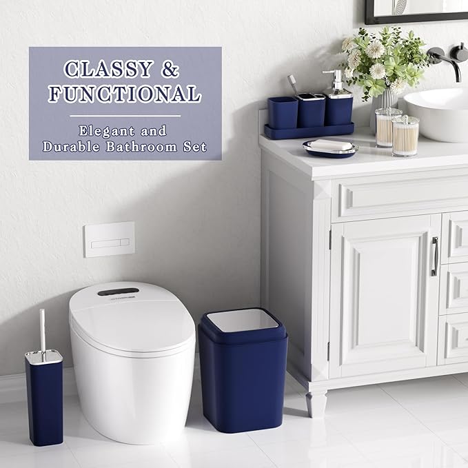 XLHOMO 24PC Navy Blue Bathroom Set with Shower Curtain and Rugs, Blue Bathroom Sets Complete with Trash Can,Soap Dispenser,Soap Dish,Toilet Brush,Toothbrush Holder and Cup,Tray,Q-Tip Holders