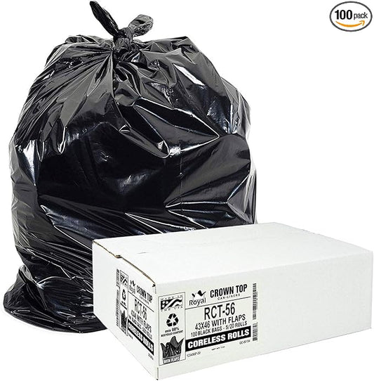 Aluf Plastics RCT-56 Star Sealed Coreless Rolls with E-Z Tie Flap Closure, 56 gal, Polyethylene, 43" x 46", Black (Pack of 100)