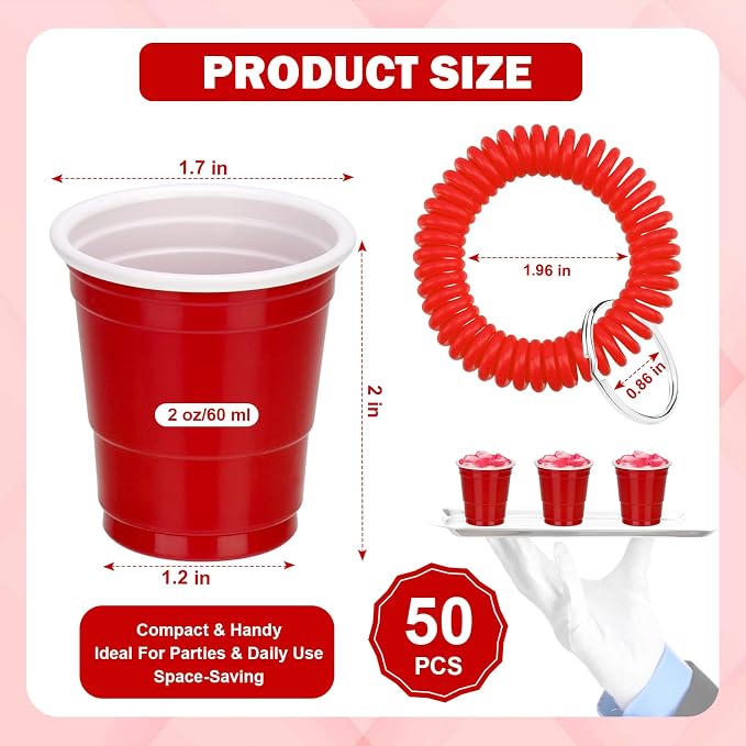 50 Pcs Red Shot Cups with Wristband for Party 2oz Plastic Shot Glasses Bulk Disposable Mini Shot Glasses with Bracelet Wear On Solo Cups for Valentine Carnivals Weddings Party Games Events Supplies