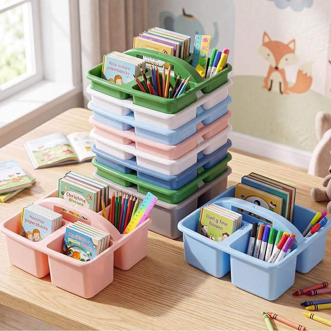 Geelin 24 Pack Classroom Caddy Bulk, Plastic Storage Caddy with Handle and 3 Compartments, Stackable Art Supply Caddies Organizer(Morandi)
