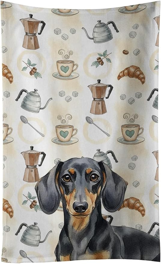 Caroline's Treasures Black and Tan Dachshund Coffee Bar Kitchen Towel Velour Plush Front and Cotton Loop Back Machine Washable