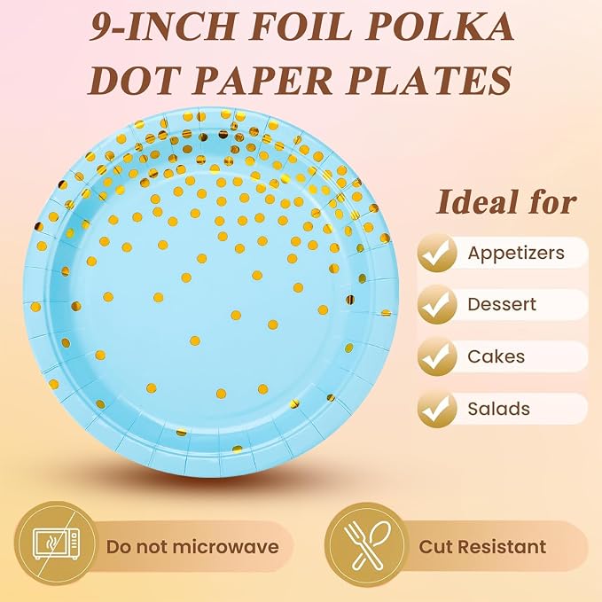 150 PCS Blue and Gold Paper Plates Napkins Forks Party Supplies Serves 50, Golden Dot Disposable Paper Dinnerware 9" Plates for Birthday, Baby Shower, Boy Birthday
