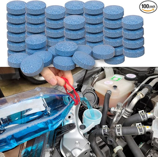 100 Pieces Car windshield washer fluid Concentrated Clean Tablets,New Formula windshield wiper fluid Solid Effervescent Tablet.Remove glass stains,Clear vision(Use With De-icer or Methanol for Winter)