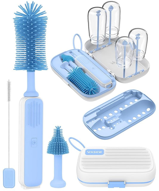 Electric Baby Bottle Brush Cleaner for Travel – BPA-Free Silicone, One-Button 360° Deep Cleaning, 2000mAh Rechargeable, Portable Bottle Cleaning Kit with Storage Box for Home & On-The-Go