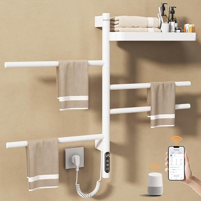 ENZE Smart Rotating Heated Towel Rack for Bathroom, 4-Bar Wall-Mounted Electric Towel Warmer with Swivel Shelf, Wi-Fi App Control, 24H Timer, Stainless Steel, IPX5, Hardwired/Plug-in, White