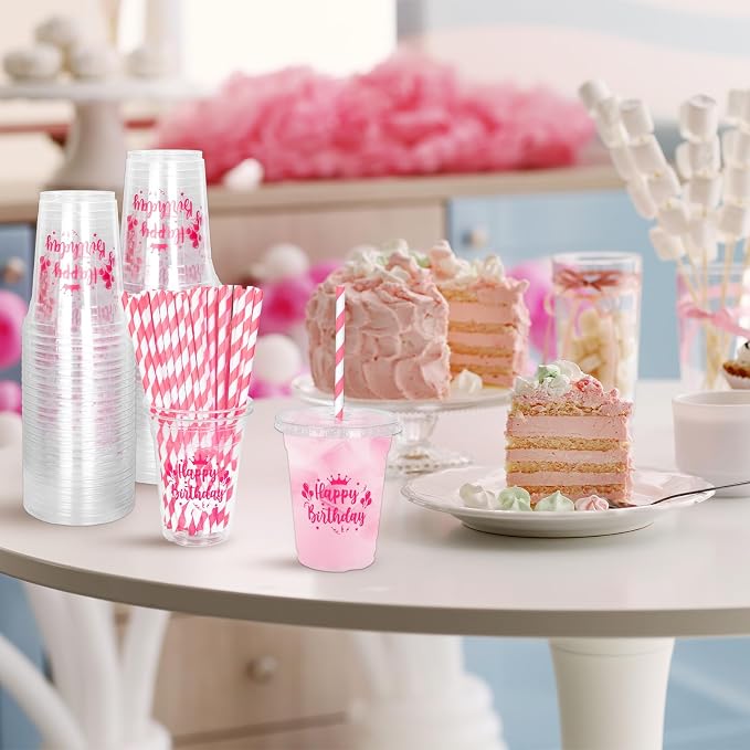Whaline 50 Pcs 12 Oz Happy Birthday Disposable Plastic Cups with Lids and Straws Hot Pink Cold Beverage Drinking Cups for Home Kitchen Birthday Party Supplies
