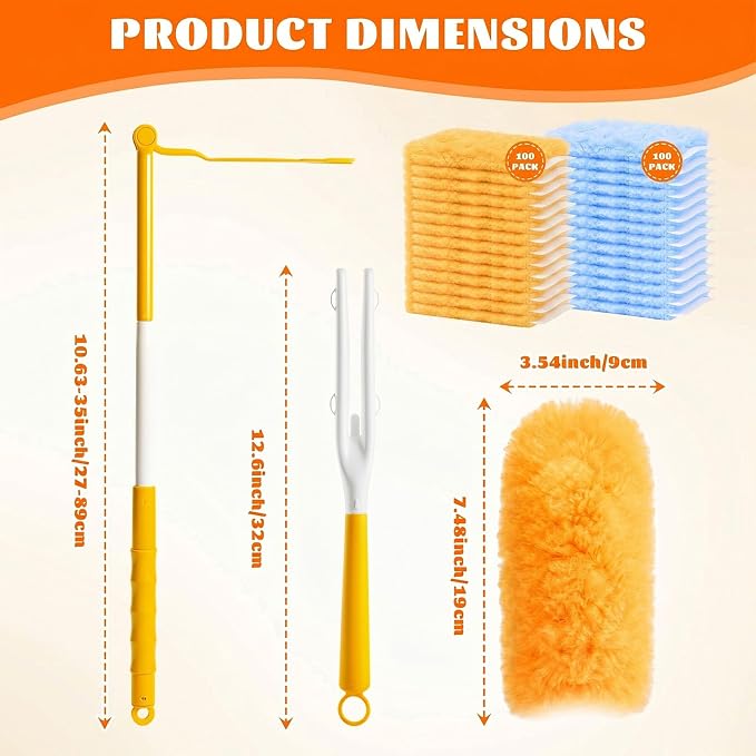 200 Pcs Disposable Dusters Refills Bulk Heavy Duty 360° Dusters Refill with 3ft Extended Handle and Short Handle, Multi Surface Replacement Duster Kit for Cleaning Ceiling Fan (Orange,Blue)